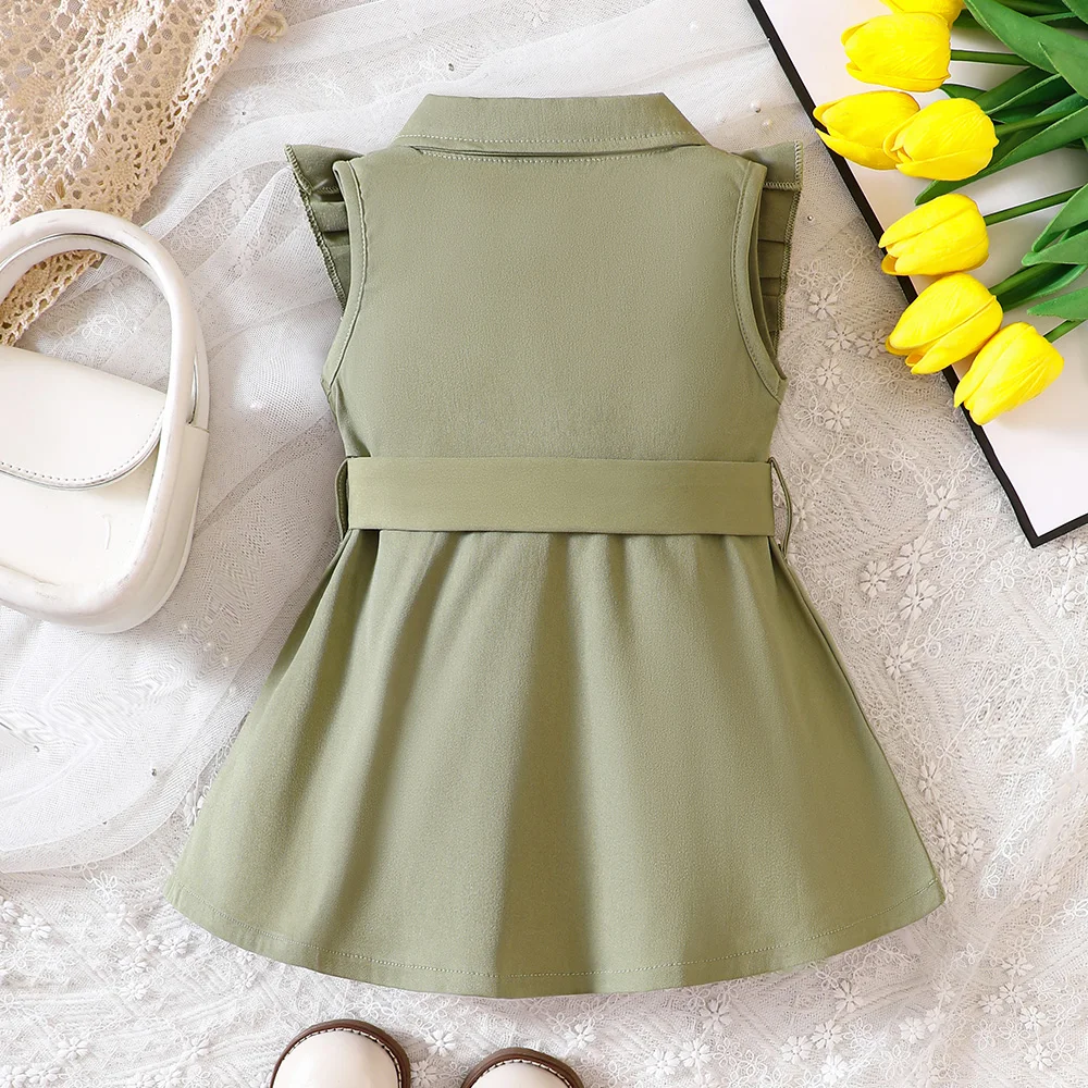 Wholesale Kids Girls Retro Solid Color Trench Belted Dress Double Breasted Elegant Summer Baby Dress