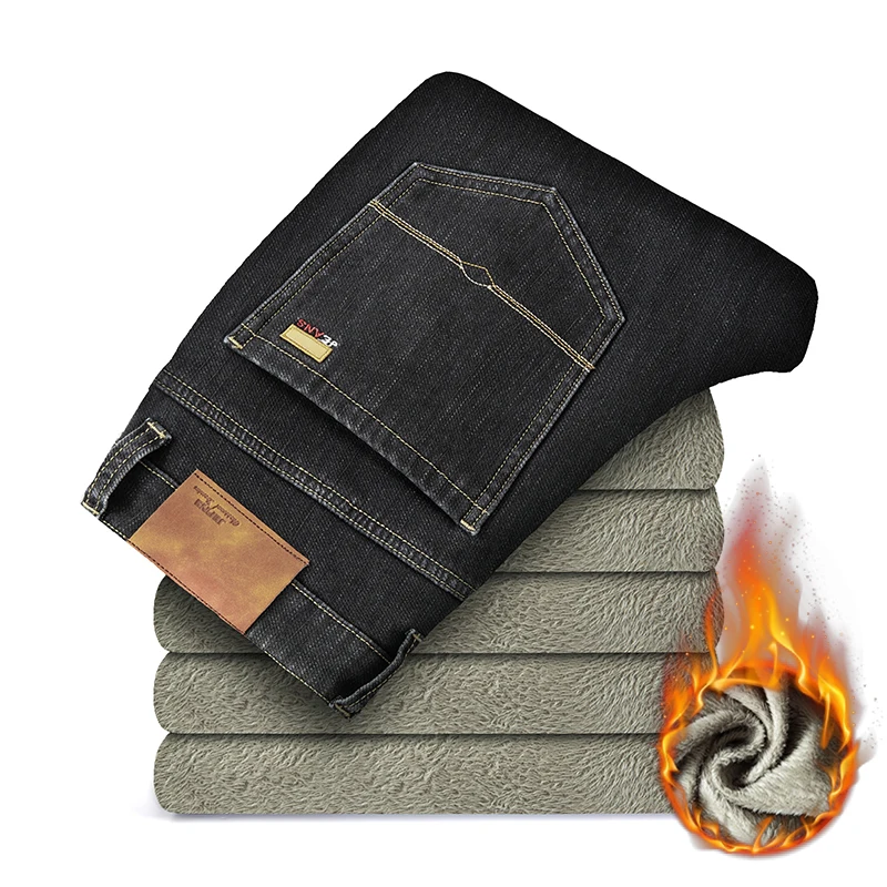 2025 New In Winter Warm Men's Loose Jeans Business Fashion Stretch Fabrics Fleece Thickened Denim Pants Male Plus Size