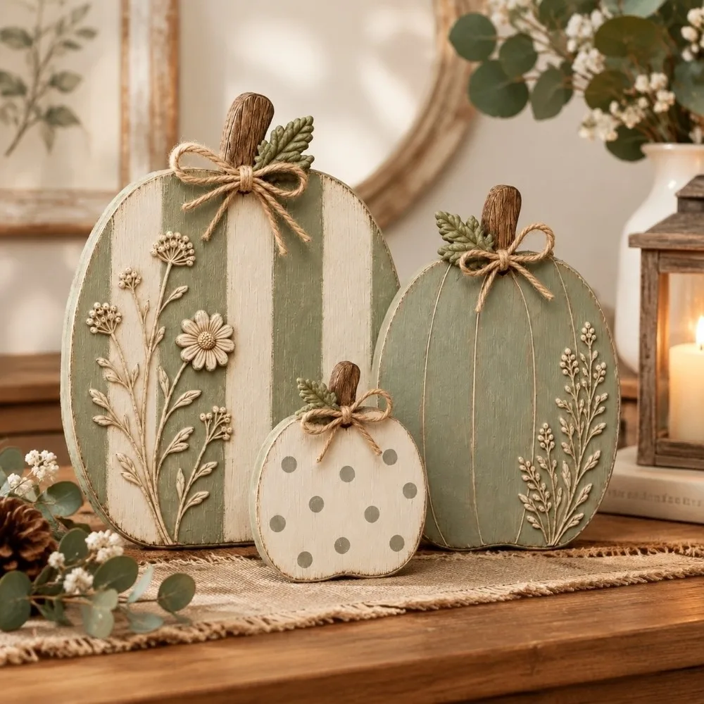 3 pcs Dots Flower Wooden Pumpkin Ornaments Autumn Harvest Home Decor Wildflower Pumpkin Figurine Thanksgiving 2D Flat