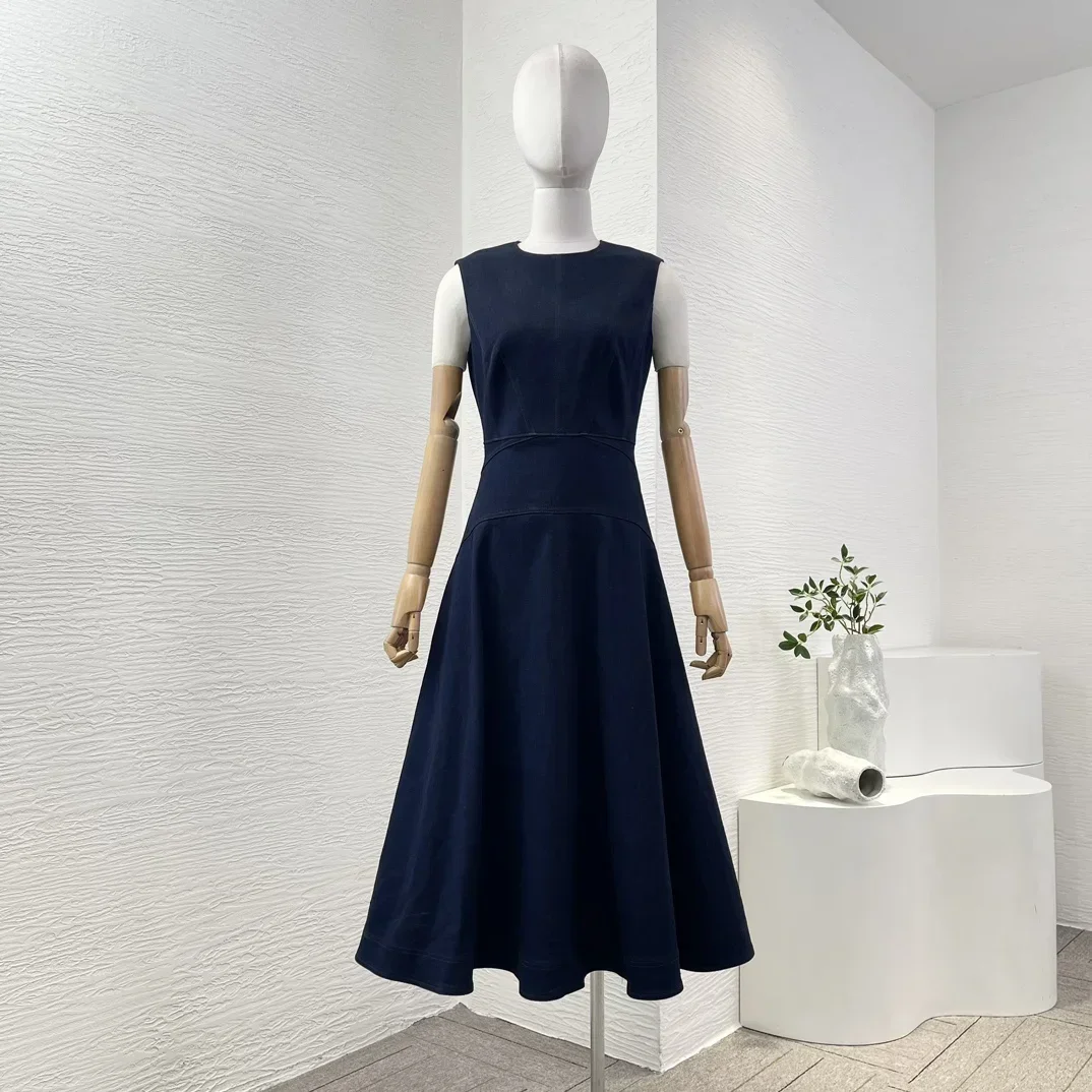 Classic New 2024 Top Quality Sleeveless A-line Navy Blue Jeans Women Tank Midi Dress