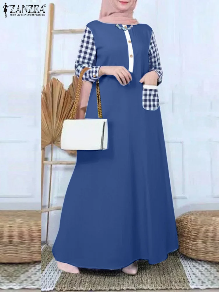 

ZANZEA Women Loose Casual Vestidos Vintage Long Sleeve Hijab Plaid Patchwork Maxi Dress Color Block Muslim Islamic Abaya Robes