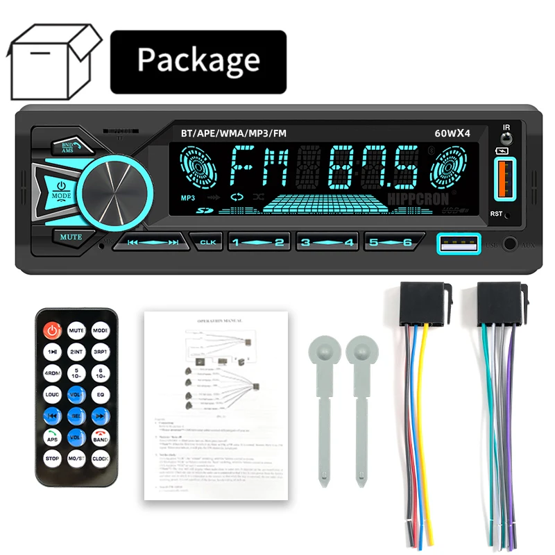 Hippcron 1Din Car Radio Stereo Bluetooth MP3 Player Autoradio 60Wx4 FM Receiver With Remote Control AUX/USB/TF Card In Dash Kit