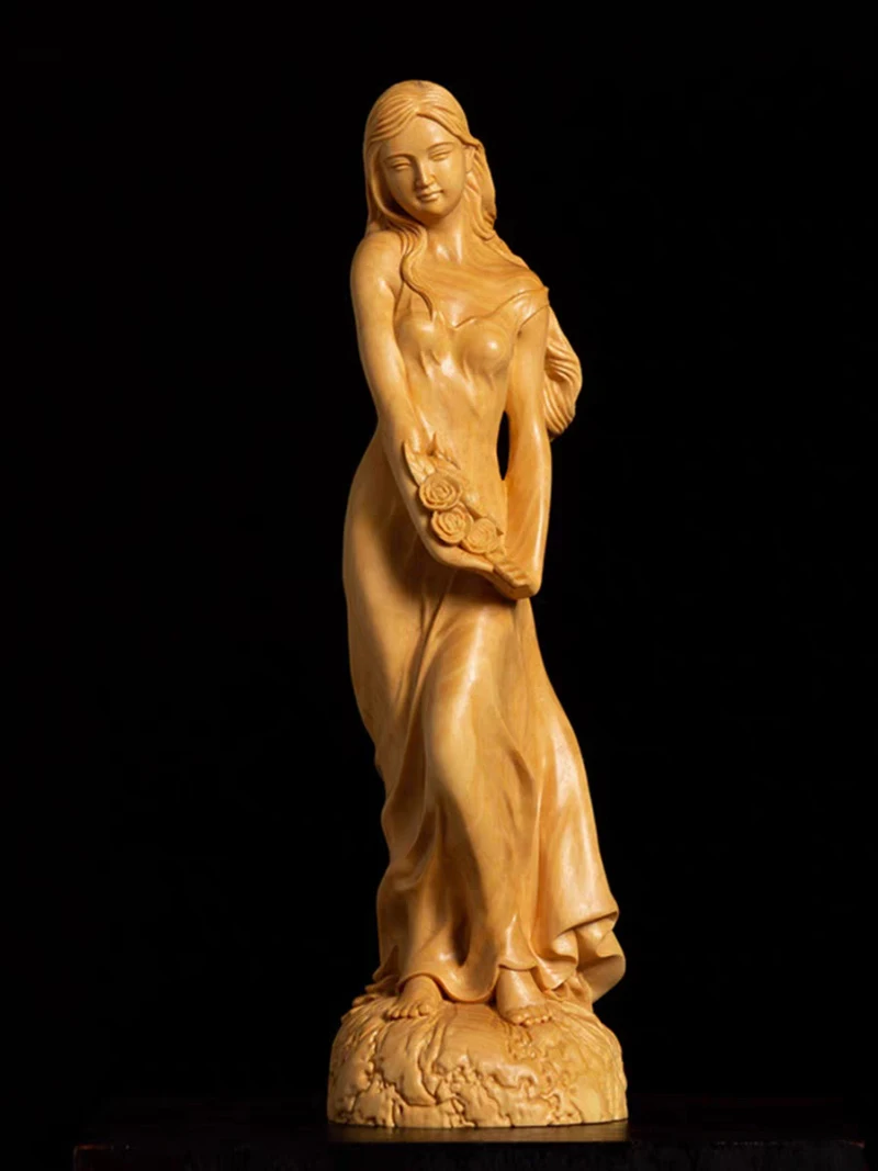 JW28 -17.5 CM Beauty Girl Boxwood Sculpture Feng Shui Wood Carving Pretty Lady Collection Ornaments Birthday Gift