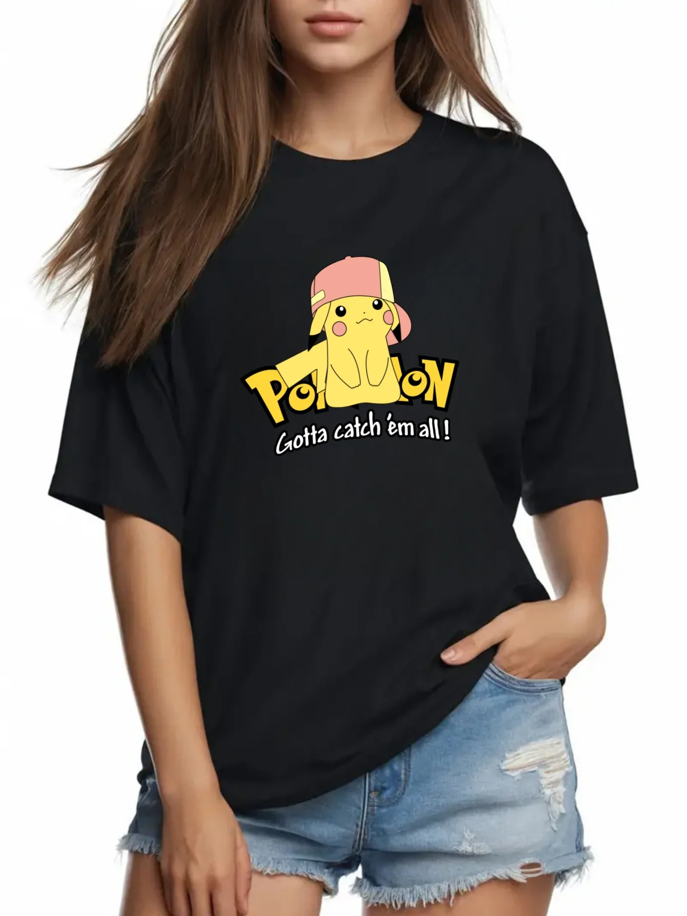 

1PC Women's Pikachu Hat Wearing Black Casual Round Neck Short Sleeve Imitation Embroidery Printed T-shirt
