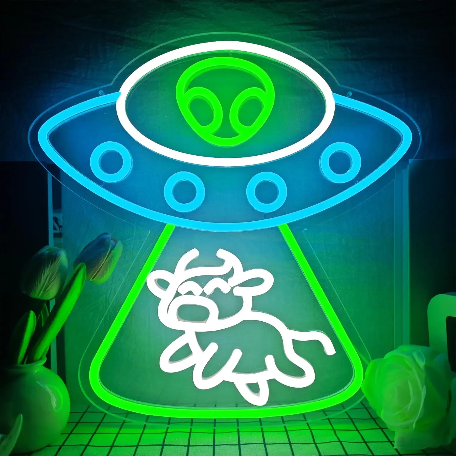 Alien UFO Neon Sign LED Wall Art Green Cow Abduction Funny Sci Fi USB Powered Dimmable Acrylic Glow Lamp Bar Home Decor
