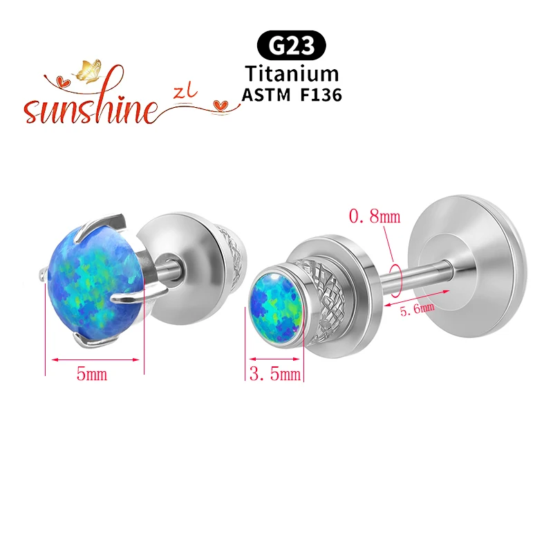 2PCS ASTM F136 Titanium Opal Moonstone Earbone Stud Screw Stud Earrings for Women Fashion Ear Tragus Cartilage Body Piercing