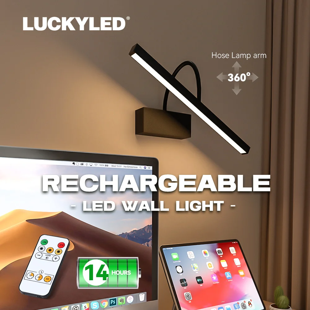 Rechargeable Wall Light LED Interior Wall Sconce Battery Operated Wall Lights Indoor with Remote Control Black Wall Lamp 40cm