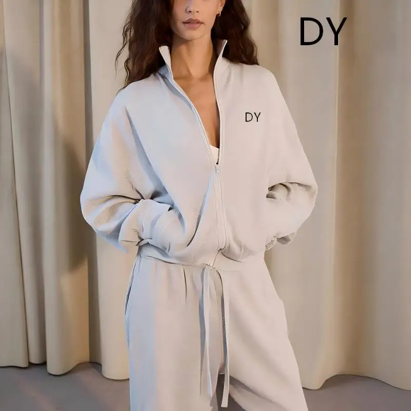 Winter and autumn stand-up collar coat, women's simple elastic waist sport pants, thin style zipper cardigan, casual hoodie set
