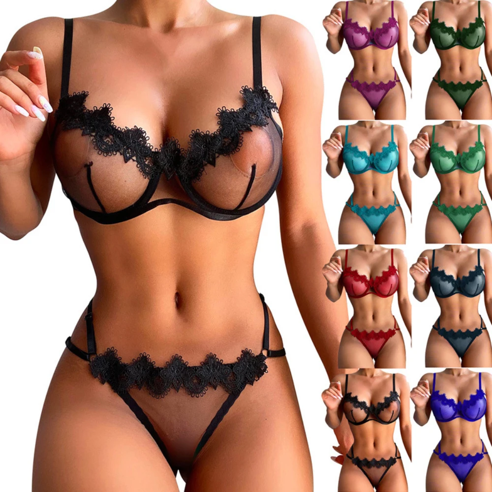 

Sexy Sheer Lace Lingerie Set Women Transparent Bra & Thong 2-Piece Underwire Exotic Costume Boudoir Intimate Outfit