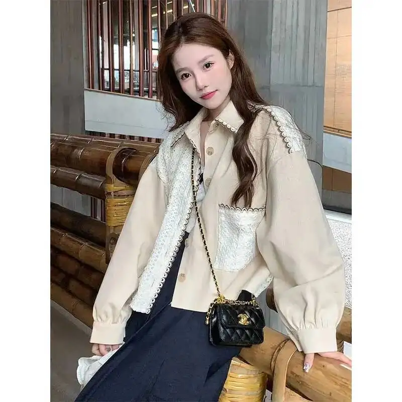 

Women Clothing Autumn Fashion Simplicity Trend Lace Patchwork Solid Color Female All-Match Fashionable Long Sleeve Button