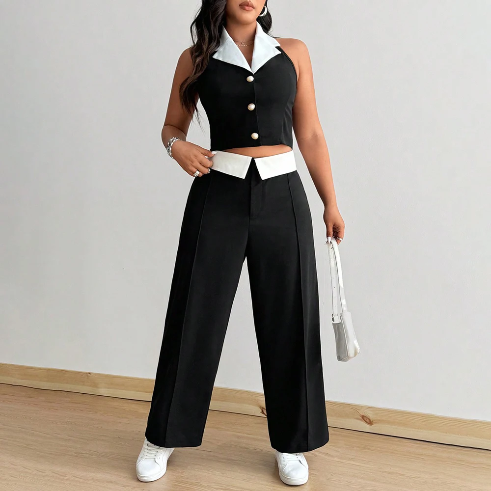 Grande taille col suspendu gilet pur désir épice fille tempérament mode noir et blanc couleur choc Sexy deux pièces ensemble