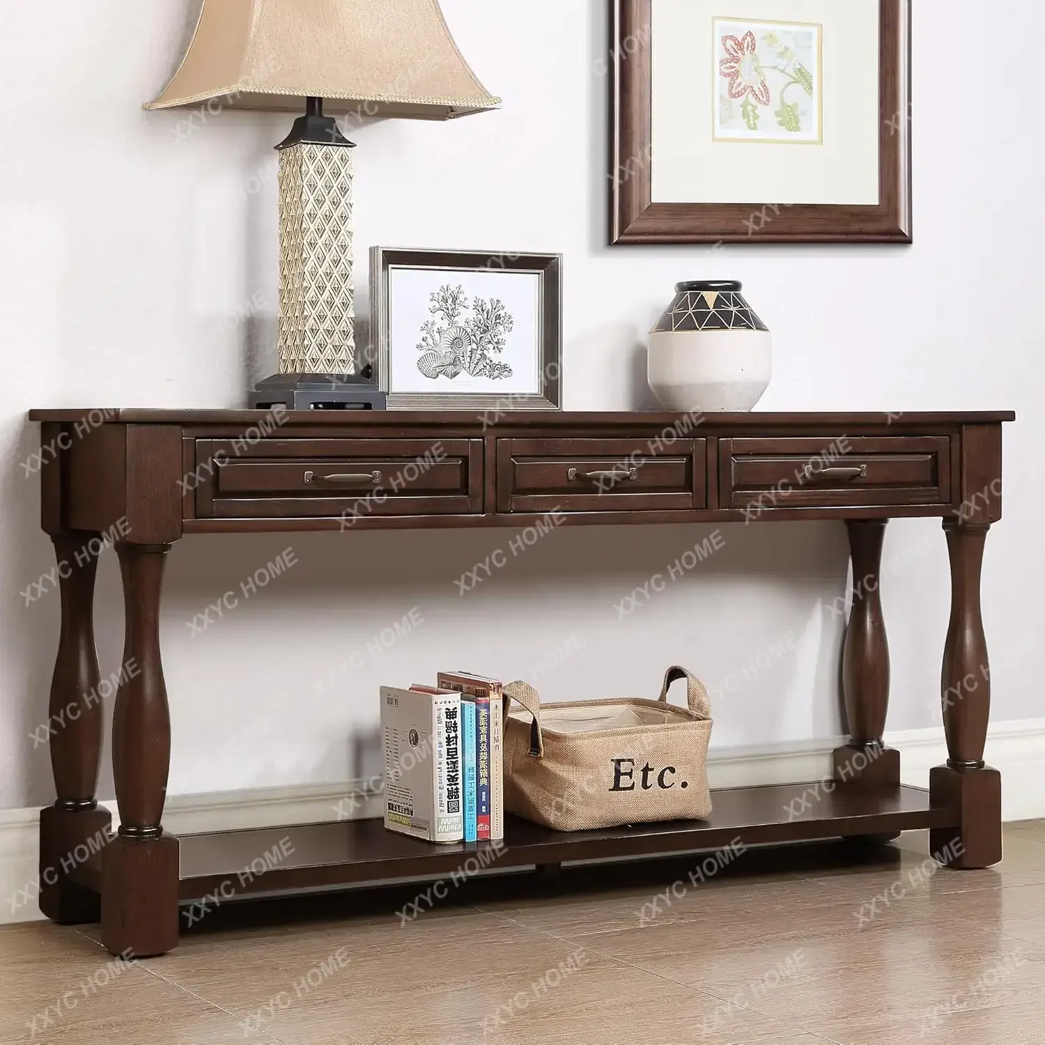 YYLong Antique Entry Console Table with 3 Drawers & Bottom Open Shelf, Solid Wood Sofa Table for Entryway HallwayY