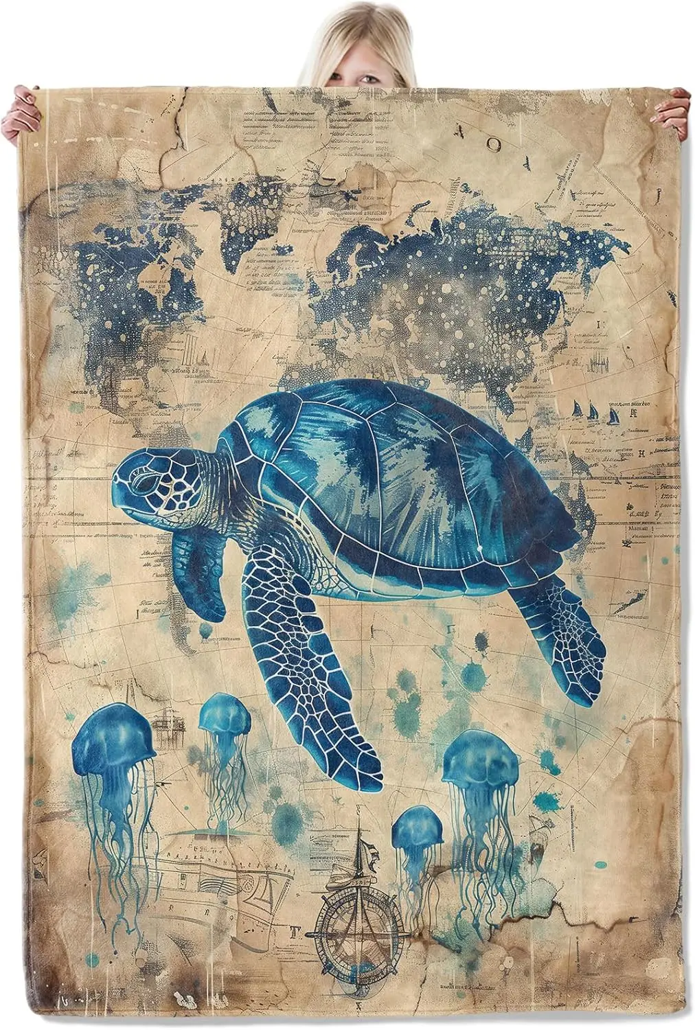 Manta de franela con mapa de tortuga marina, 50x60 pulgadas, tortuga oceánica azul y medusas sobre mapa del mundo náutico vintage, tiro suave y ligero