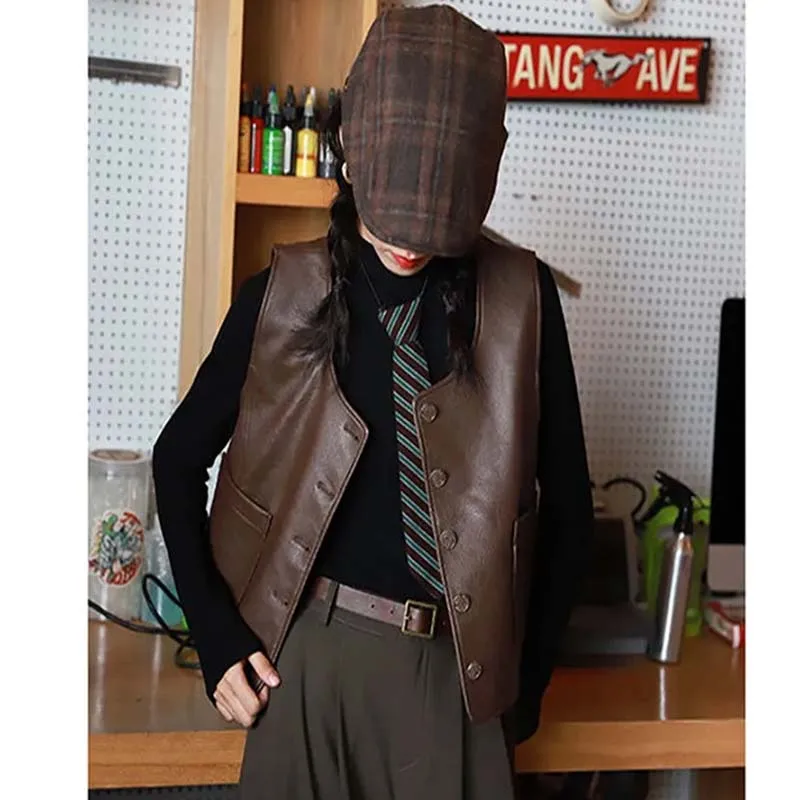 여성용 블랙 PU 가죽 조끼, 레트로 영국 디자인, 니치 라운드 넥 짧은 재킷, 어깨 가죽 재킷 다크 브라운, 가을 신상
