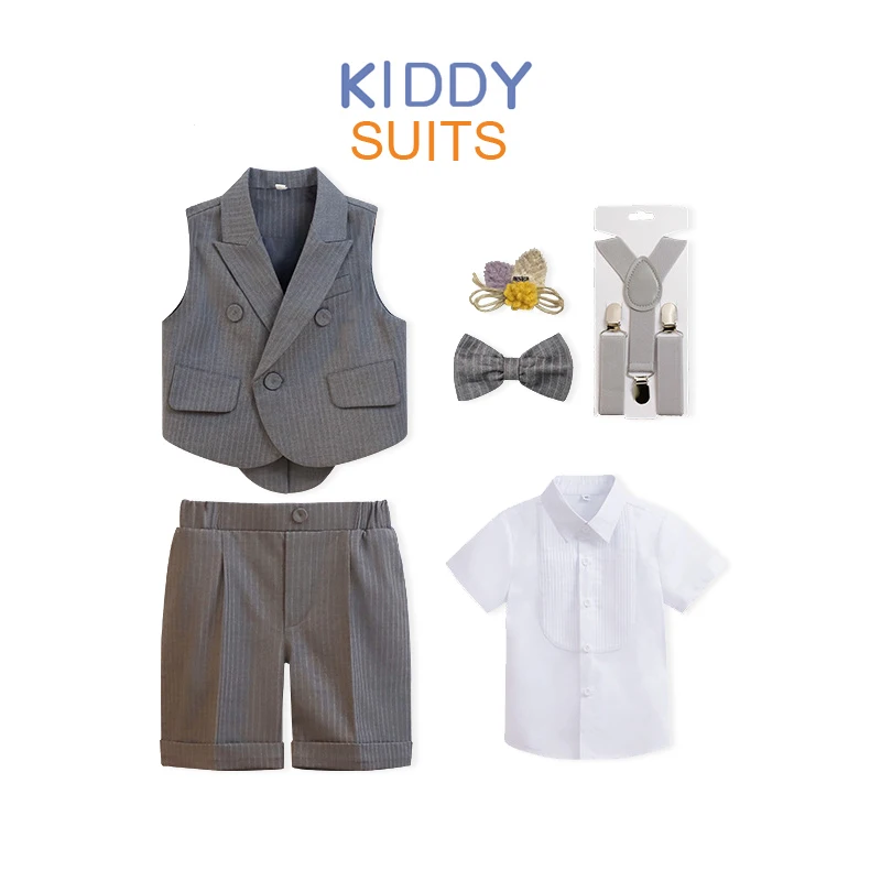 

Children's Vest Dress Suit Set Spring Summer Gray stripe Boys' Party Wedding Costume Kids Striped waistcoat shorts Bowtie Clothe