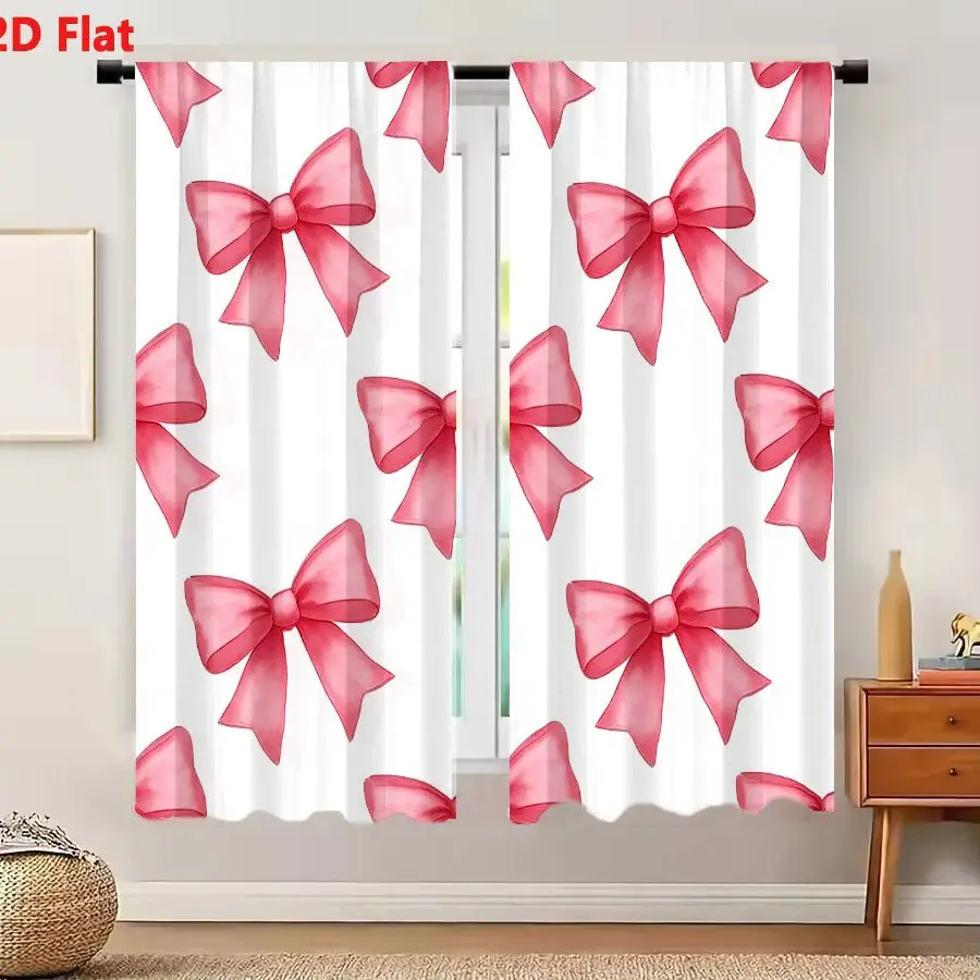 2Pcs Curtains 2D Flat Bright Pink Bows Repeating Pattern White Background Symmetrical Grid Design Delicate Decorative Arrangemen