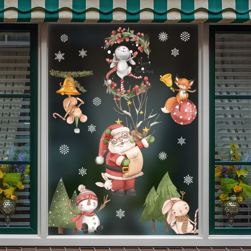 Santa Rabbit Snowman Snowflake Wall Stickers Window Flower Stickers Store Glass Door Decoration Cartoon Cute New Year Stickers