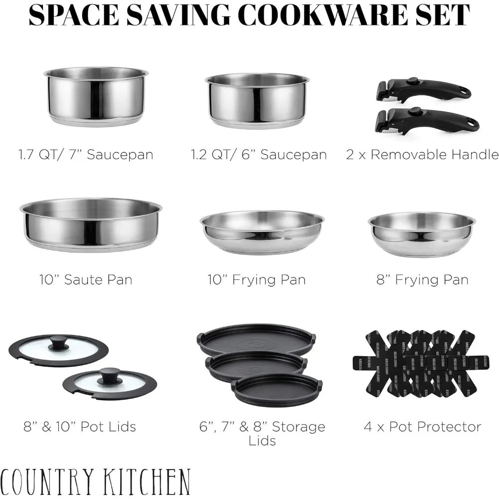 Removable Handle Stainless Steel Cookware Set, Oven & RV Safe Pots Pans for Small Kitchen Camping