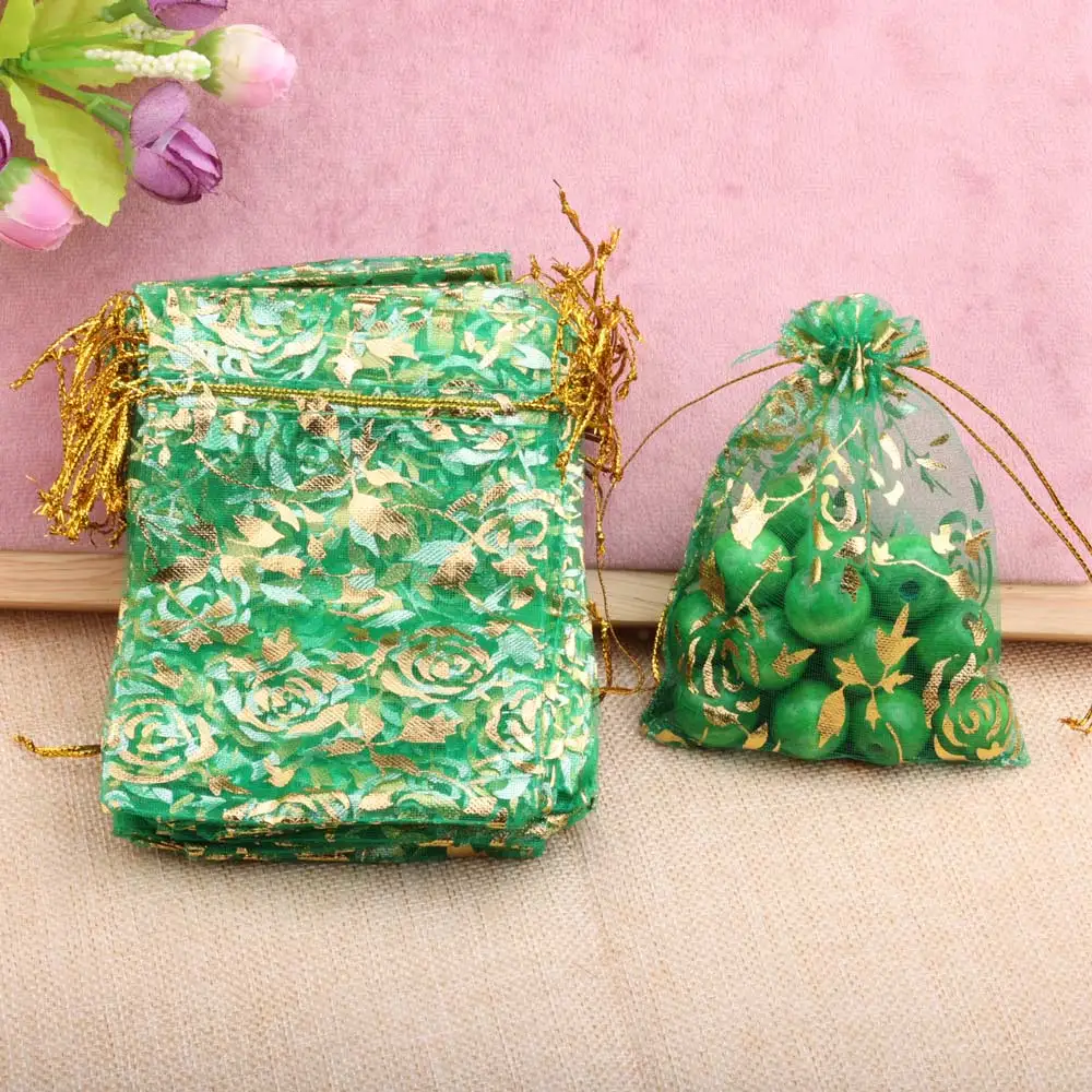 25/50pcs Rose Organza Jewelry Bag Gold Color Flower Printing Party Wedding Christmas Candy Gift Drawstring Packaging Pouches view 4