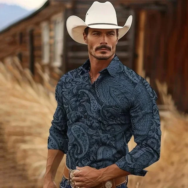

Men's Retro American Country 3D Printed Long-sleeved Shirt for Spring and Autumn Outing Parties High-quality Printed Lapel Shirt