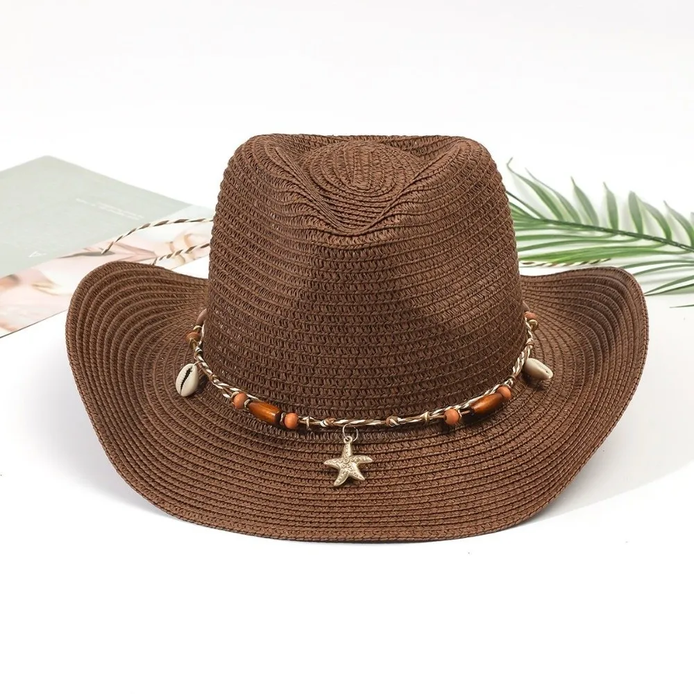 Unisex Acrylic Fibers Straw Cowboy Hat Conch Shell UV Protection Sun Hat Breathable Large Wide Brim Floppy Hat Summer
