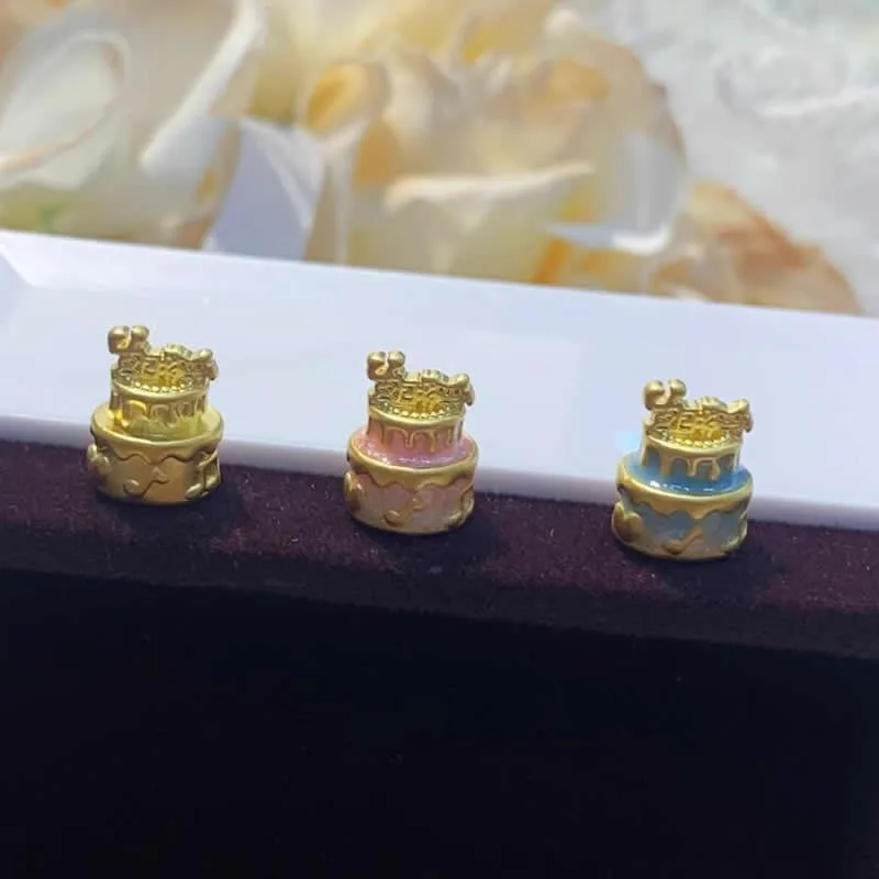 New Arrival 24K Yellow Gold Beads Women 999 Gold Sweet birthday cake Beads 1pcs