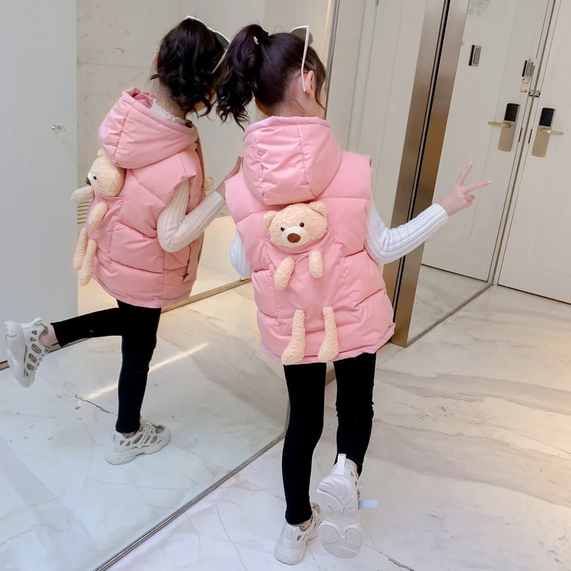 

3-14Y Winter Warm Vest For Girls Cute Bear Sleeveless Jackets Pink Children Hooded Kids Waistcoat Insulated Clothes TR176