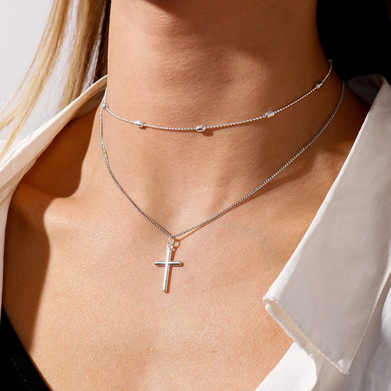 Vintage Kreuz Anhänger Halskette für Frauen Gold Silber Farbe Mehrschichtige Ovale Perlen Kette Halskette Minimalismus Weiblichen Schmuck – Detail 2