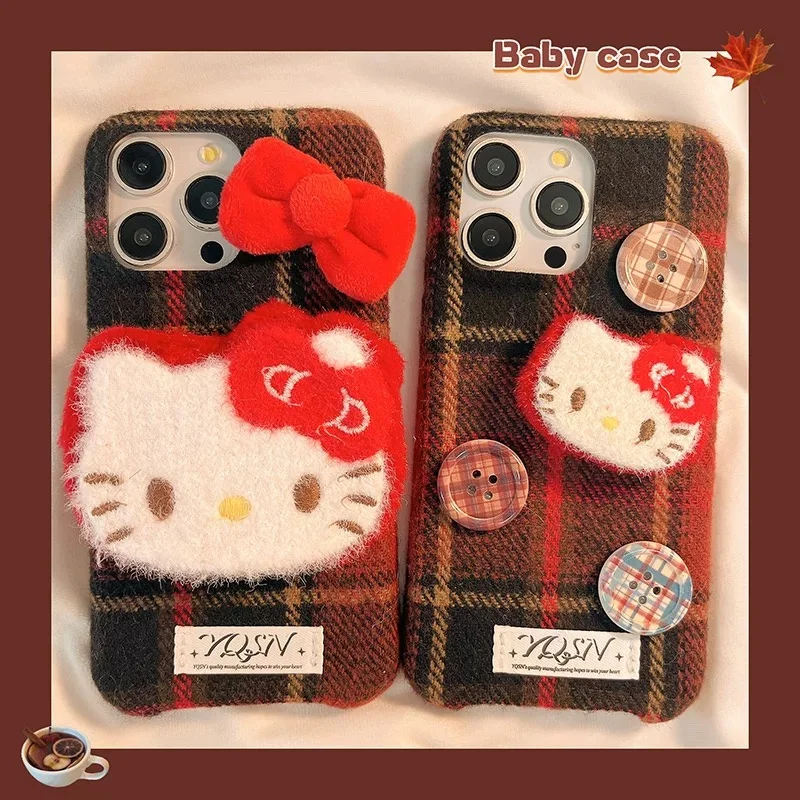 Hot European American Style Plush Cute Hello Kitty Lattice Button KT Protect Case For iPhone 12 13 14 15 16Pro Max KT fluffy fur