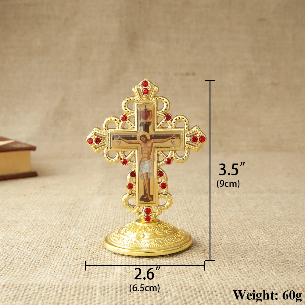 Byzantine Orthodox Standing Crucifix Gold Red Rhinestone Cross Altar Church Home Decor Jesus Icon Religious Christian Gift view 2