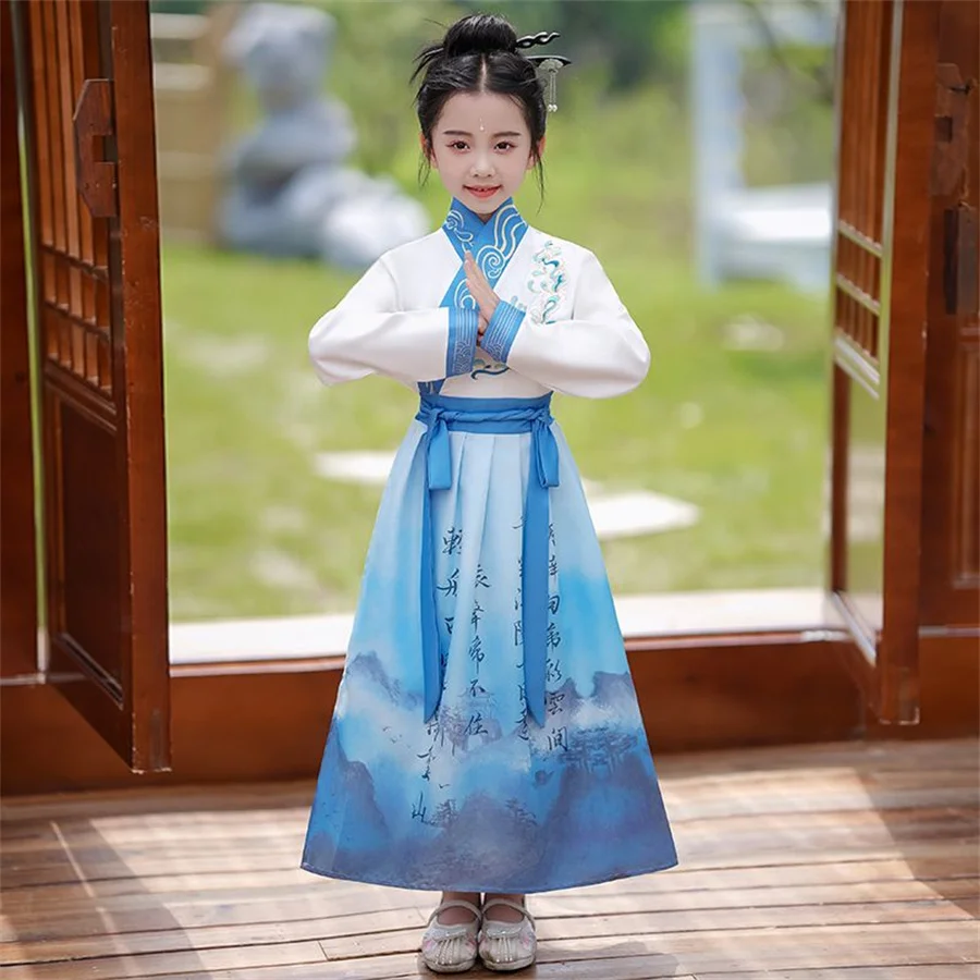 

Ancient Chinese Tang Costume Children's Holiday Stage Performance Outfts Boys Girl Chinese Traditional Hanfu Costume Satin Robe