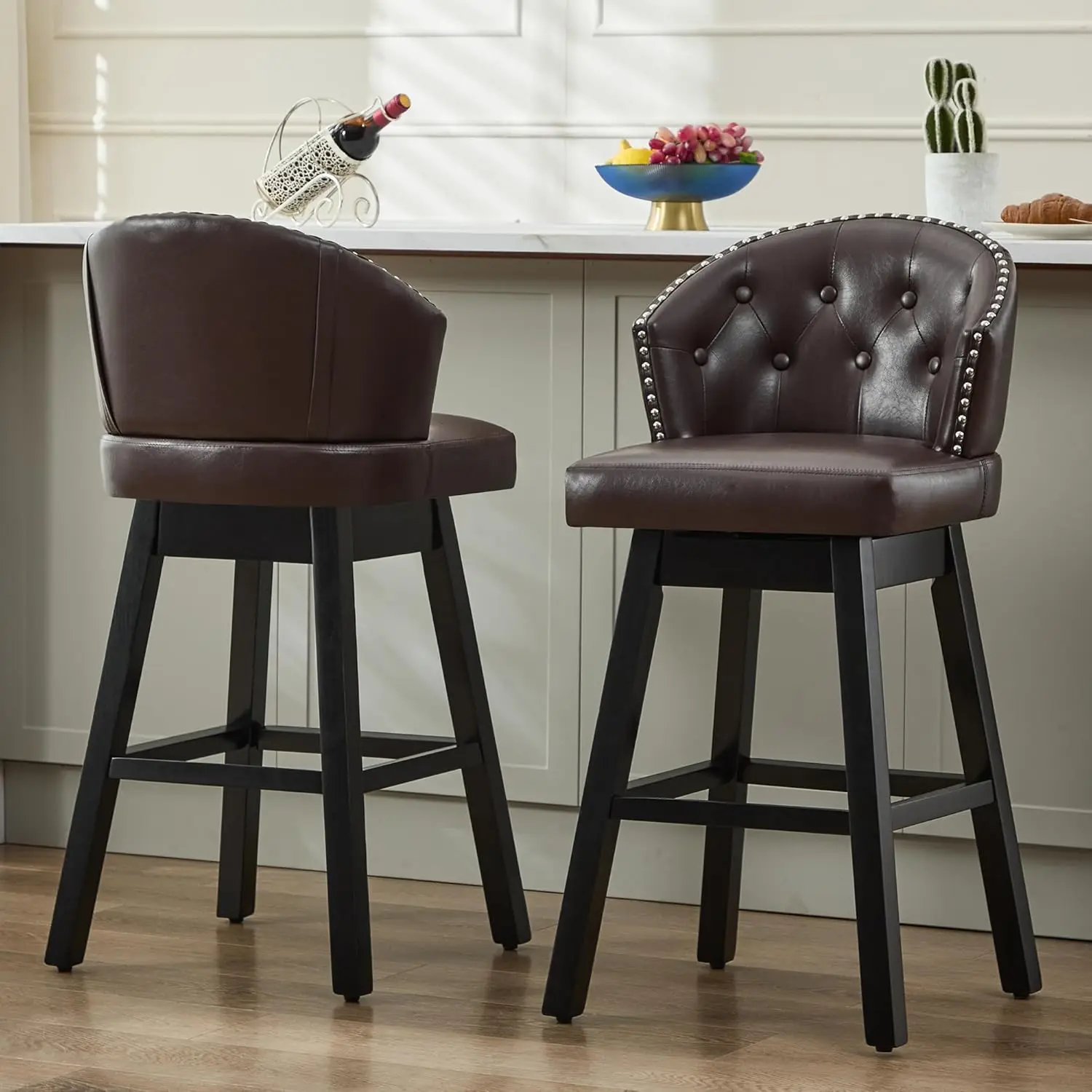 

Набор из 2 вращающихся барных стульев, высотой 29 дюймов, с спинками и деревянными ножками, обивка из искусственной кожи, индивидуальный дизайн.