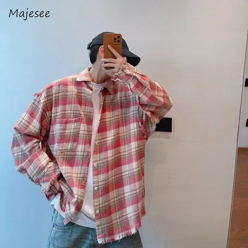 Shirts Men Youthful Turn-down Collar Handsome Streetwear Simple Plaid Single Breasted Decent Cozy Energetic All-match Students