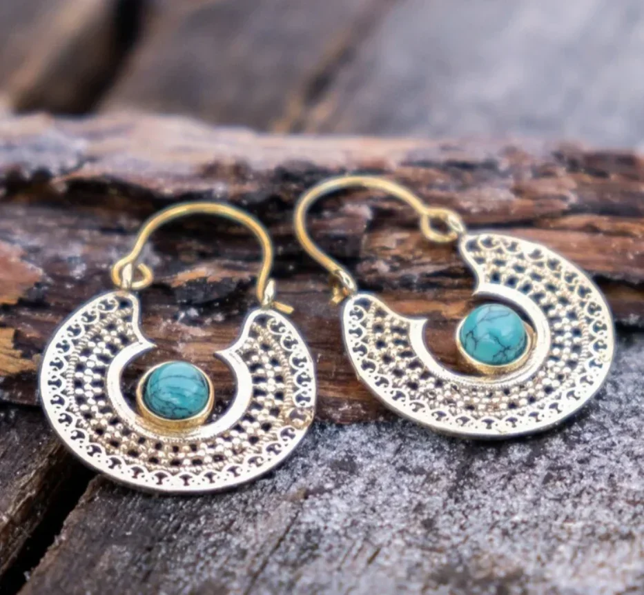 Antique Ethnic Sliver Color Inlay Blue Color Stone Hollow Hoop Dangle Earrings For Women Circle Earring Fashion Custom Jewelry