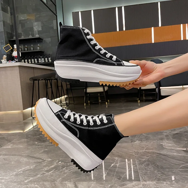 Women\'s Vulcanize Shoes 2023 New Classic Women Sneakers Ladies Lace Up Thick Sole Walking Shoes Canvas Wedger Platform Shoes