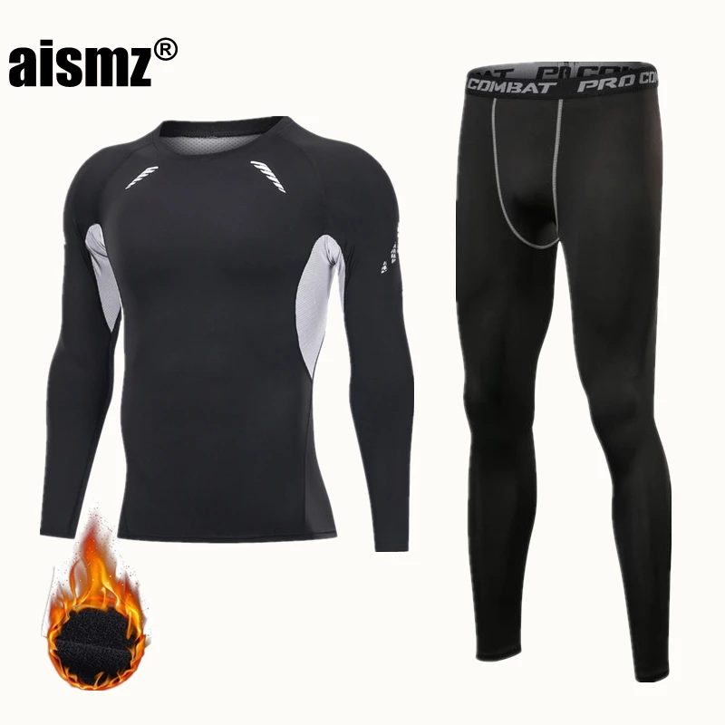 Aismz Winter Thermal Underwear Men Clothing Sportswear Compression Quick Dry Warm Long Johns Fitness Fleece Thermo Underwear Set