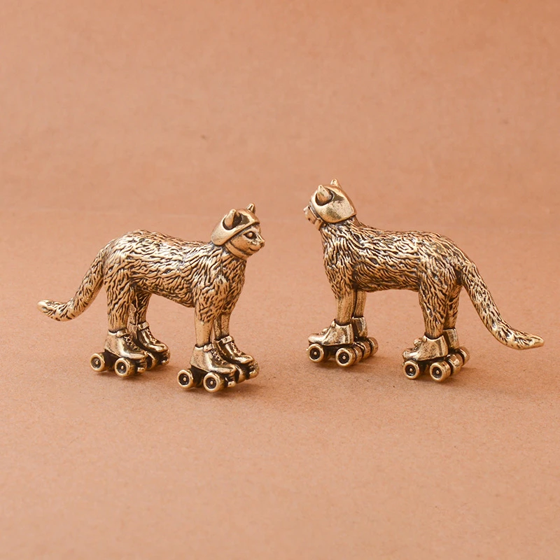Brass Distressed Ski Cat Figurine Miniature Tea Pet Craft Desktop Small Ornament Animal Home Decor Accessories Children Gift view 5