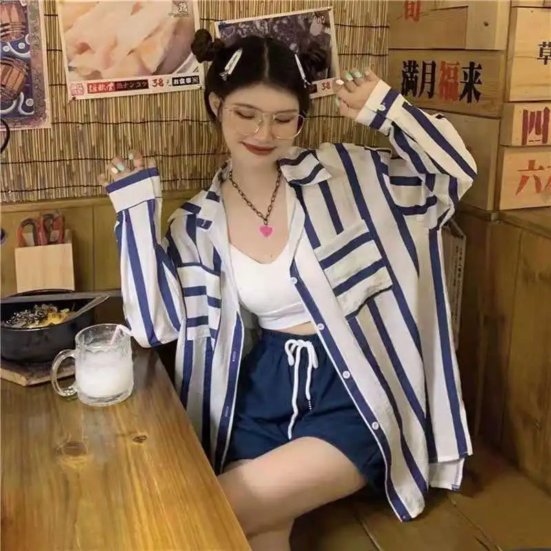 

Shirts Women Striped Design Simple All-match Summer Sun-proof Leisure Students Turn-down Collar Fashion Sweet Loose Korean Style