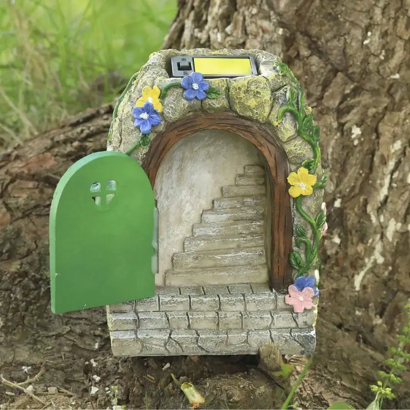 Fairy Door For Wall Tiny Fairy Wall Gate Resin Tree Miniatures With Steps And Open Door Mystical Lighted House Accessories For