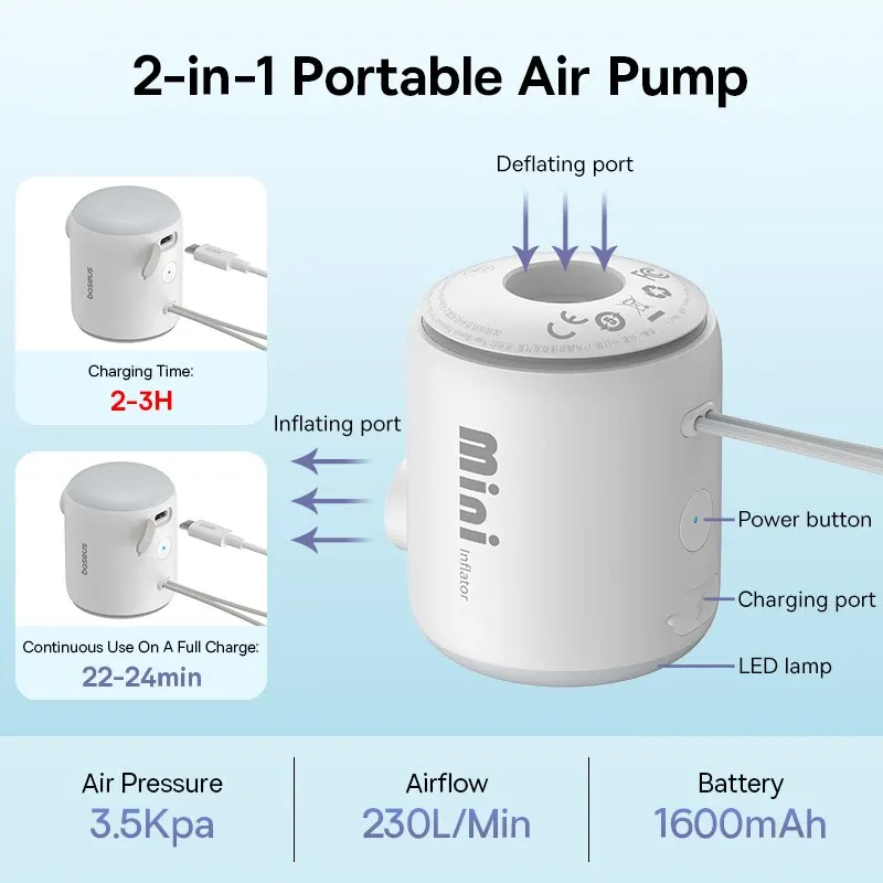 Baseus Mini Air Pump Portable Electric Inflator Pump for Air Mattresses Inflate Deflate Beds Swimming Ring Outdoor Camping Pump