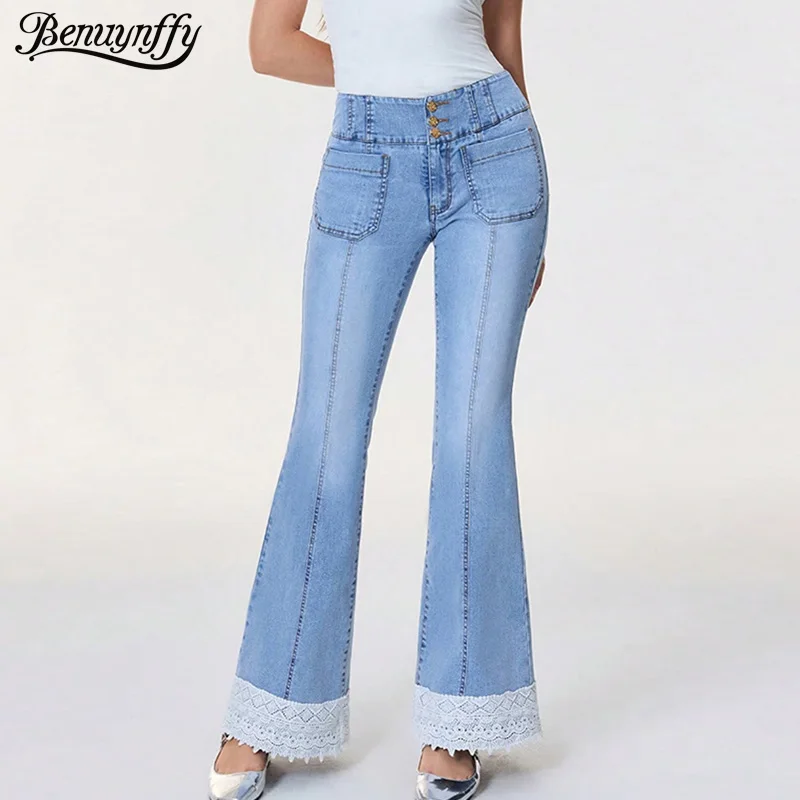

Benuynffy Vintage Button Fly Elastic Flared Jeans Women's Autumn 2025 Fashion Lace Patchwork High Waist Bell Bottom Denim Pants