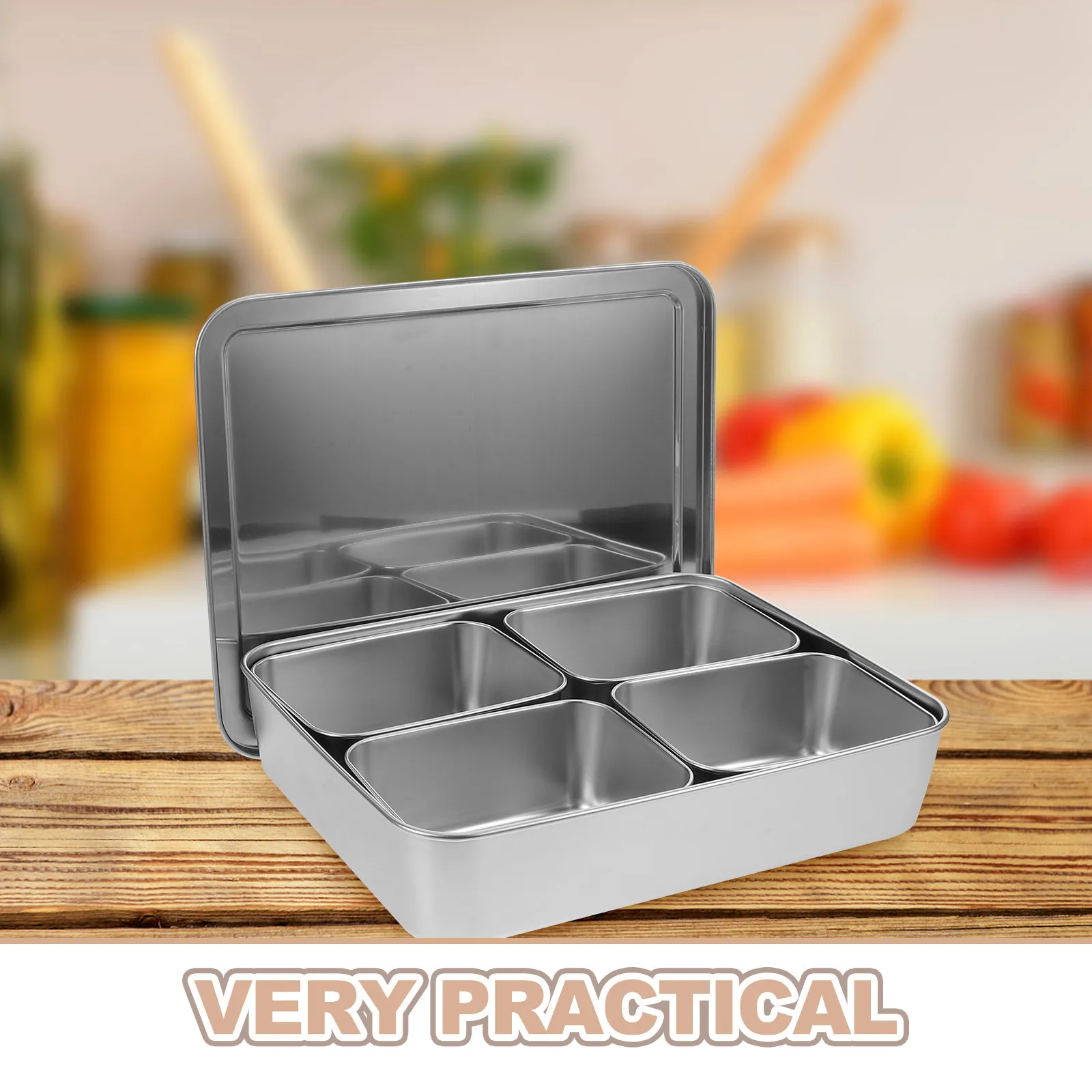 4-Section Stainless Steel Condiment Organizer Airtight Lid Multi Compartment Spice Box Sleek Modern Kitchen Seasoning Storage