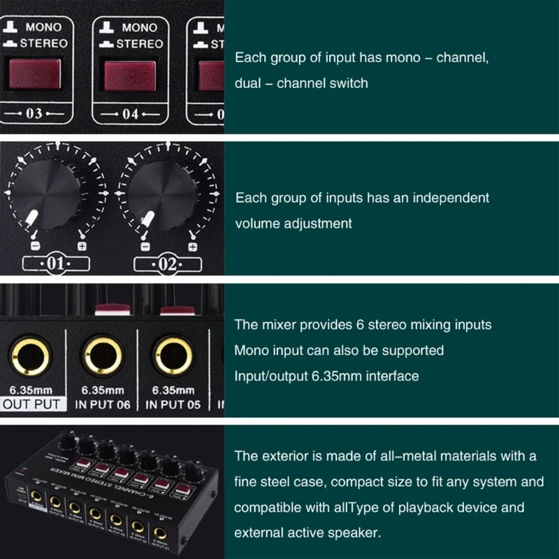 6 Channel Stereo Sound Mixer Mixing Consoles Distributor Volumes Control for Electric Blowpipe/Guitar/Keyboards/Drum P9JD