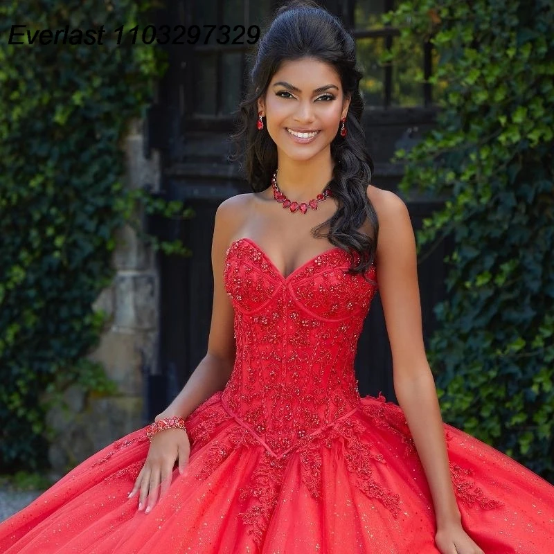 EVLAST gaun Quinceanera merah berkilau gaun bola renda Applique kristal manik-manik dengan jubah korset manis 16 Vestido De 15 Anos TQD608