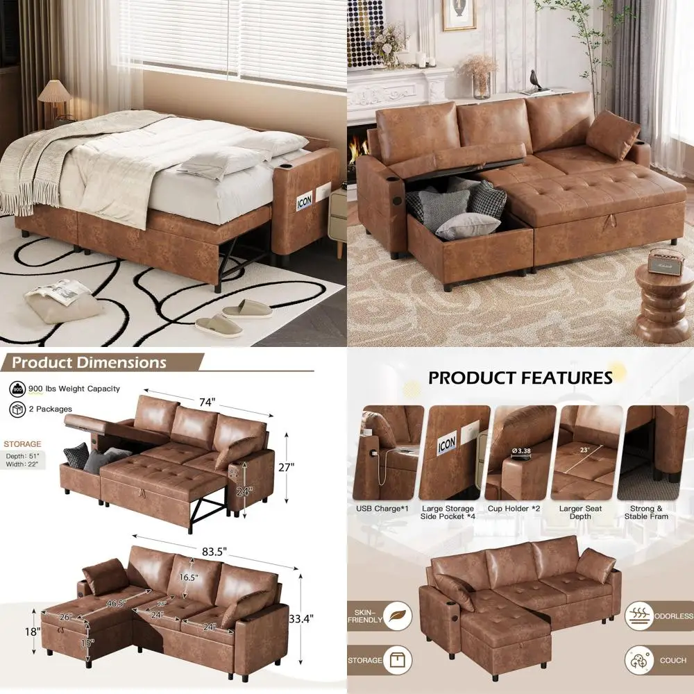 

3-in-1 Leather Sleeper Sofa with Storage, USB & Cup Holders, Reversible Chaise, Pull-Out Sectionals, Brown