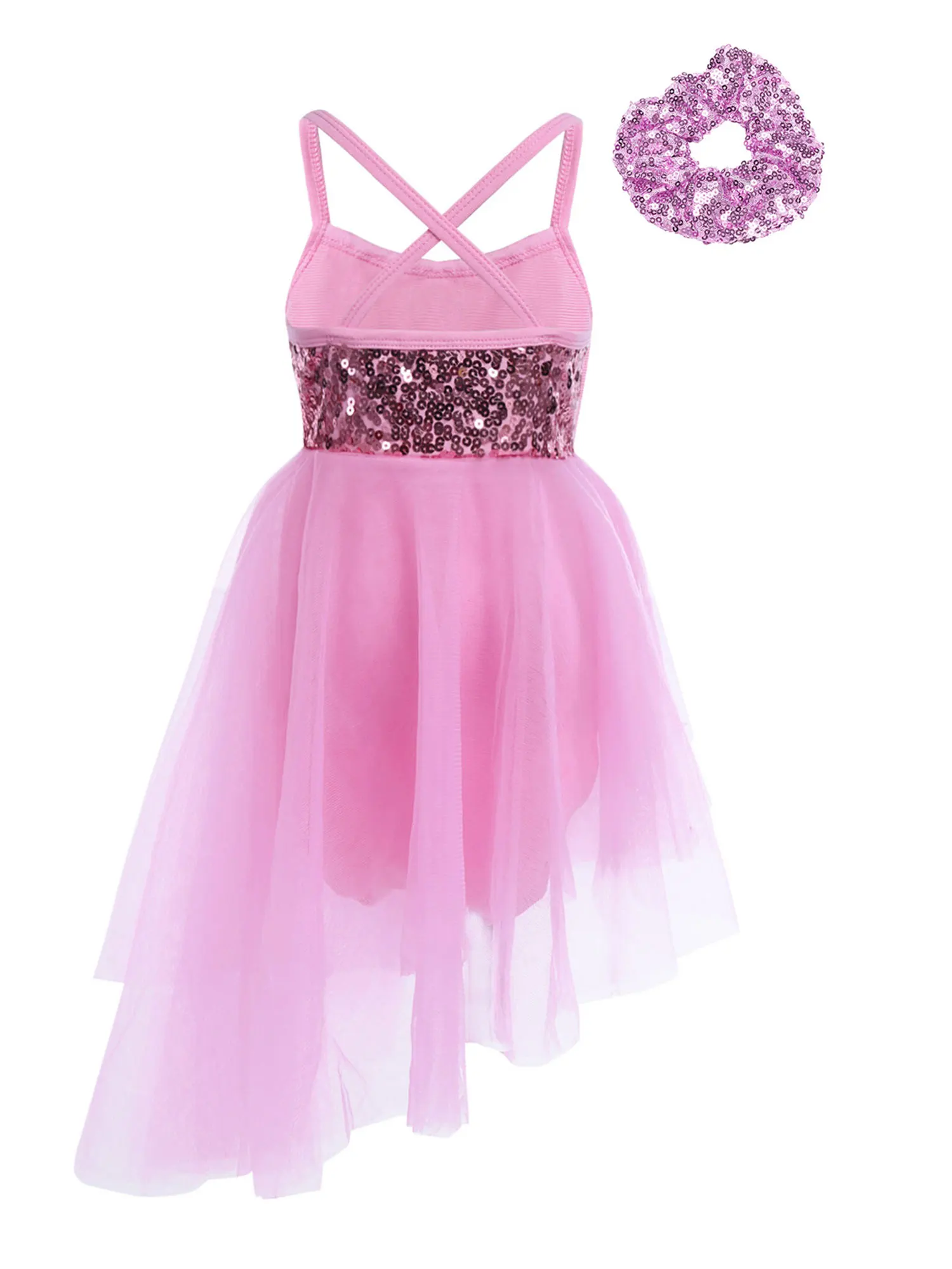 Bambini ragazze senza maniche paillettes Tulle danza classica ginnastica body vestito con cravatta per capelli copricapo