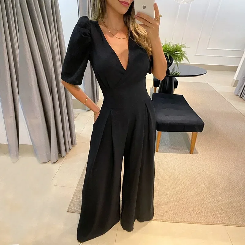 Leosoxs Elegant Jumpsuit for Women Spring Autumn New V-neck Solid Color Overalls High Waist Women's Wide Leg Jumpsuit Streetwear