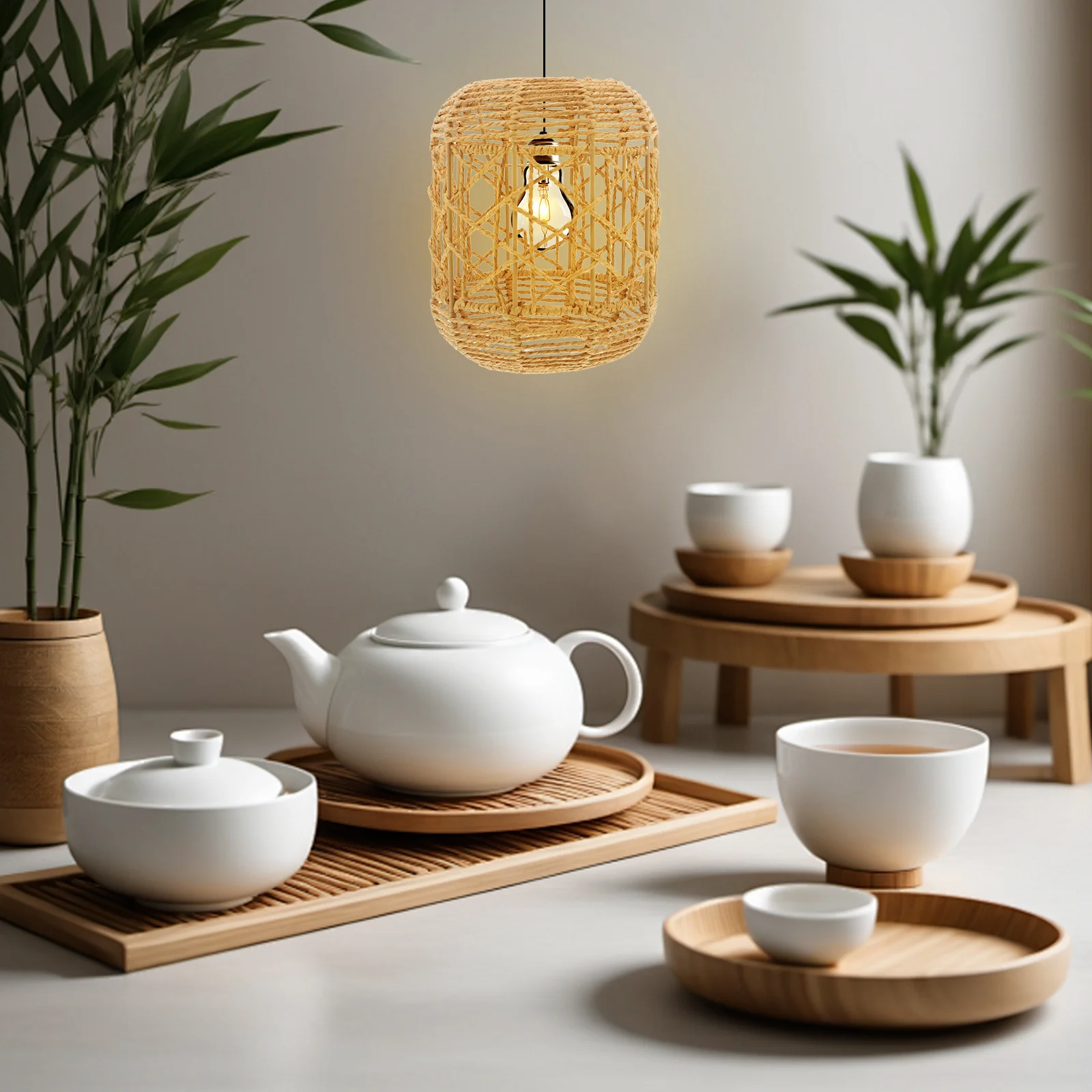 

Imitation Rattan Pendant Lamp Rustic Handmade Paper Rope Weaving for Dining Room Tea House Living Room Woven Lampshade Ceiling
