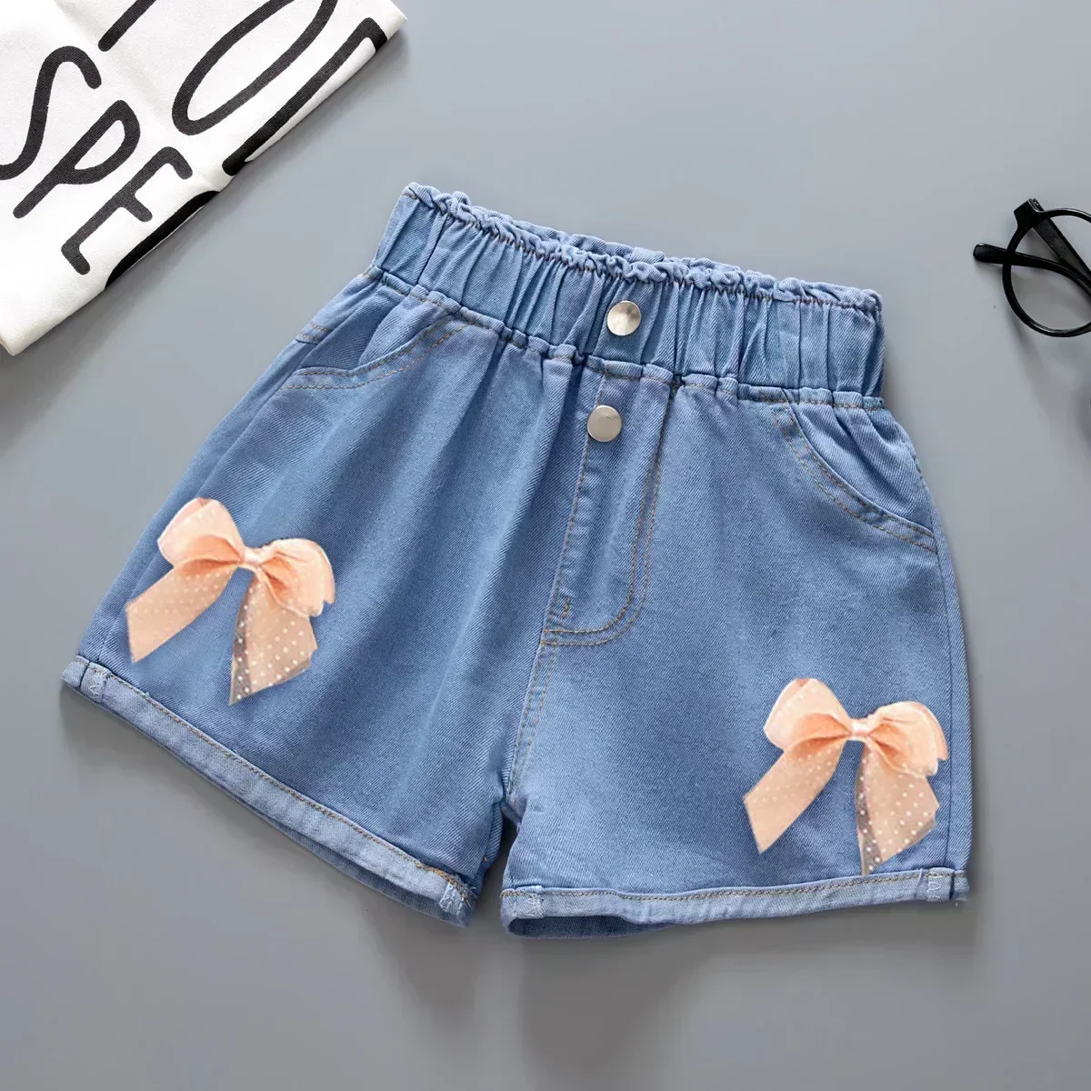 Brief Style Denim Blue Toddler Girls Denim Shorts Kids Summer Casual Short Pants Children Elastic Waist Trousers for 4-10 Years