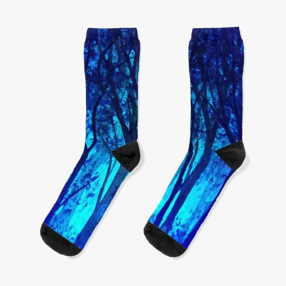 

Neon Blue Enchated Forest Watercolor Painting Socks Non-slip with print cartoon christmass gift Socks Ladies Men's